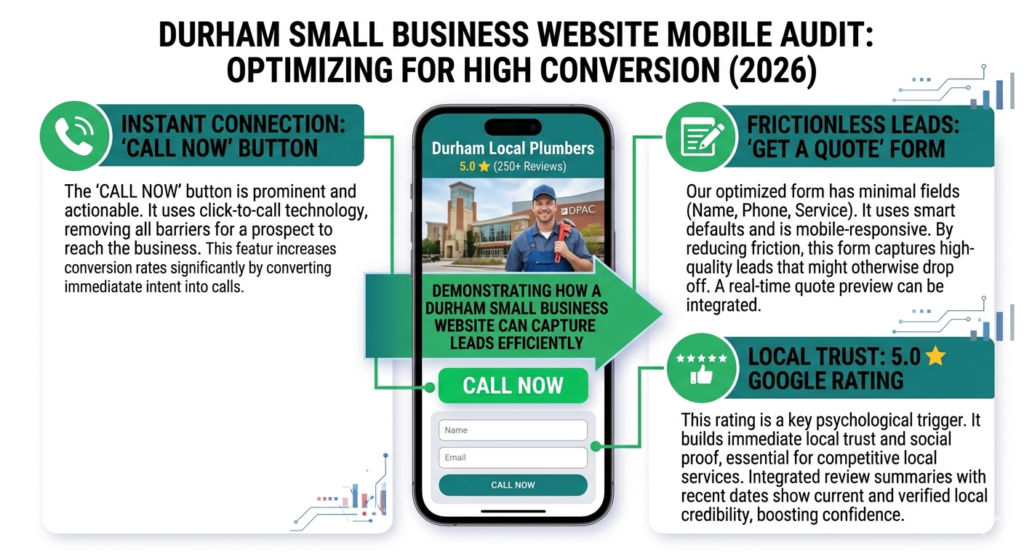 A transparent infographic style image showing a modern smartphone screen audit for a high converting Durham small business website A visualization highlights key components CALL NOW button Instant Connection GET A QUOTE form Frictionless Leads and 50 ⭐ Google Rating Local Trust demonstrating how a Durham small business website can capture leads efficiently